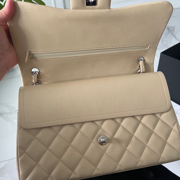 Chanel Large Classic Flap Beige Caviar Silver Hardware - Picture 13 of 15